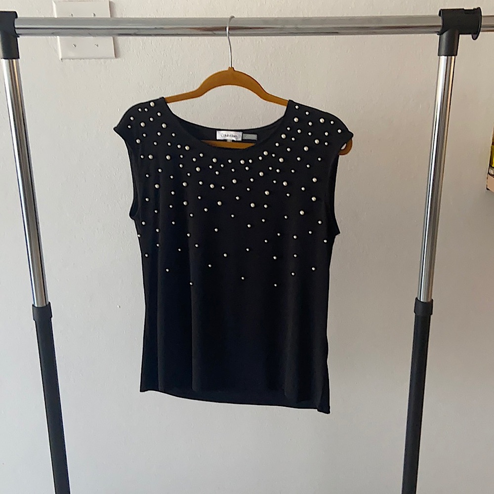 Calvin Klein, medium, black blouse with embroidered pearls.